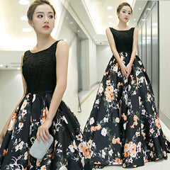 Black Floral Satin Long and Lace A-line Prom Dress Party Dress