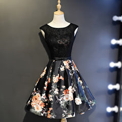 Black Floral Satin and Lace Round Neckline Short Party Dress Prom Dress