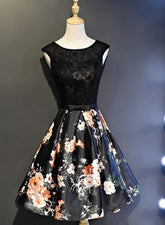 Black Floral Satin and Lace Round Neckline Short Party Dress Prom Dress