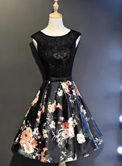 Black Floral Satin and Lace Round Neckline Short Party Dress Prom Dress