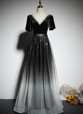 Black Gradient tulle and Velvet Short Sleeves V-neckline Tulle Party Dress