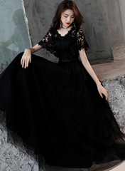Black Lace and Tulle Long A-line Simple Evening Dress