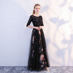 Black Satin and Lace A-line Tulle Floor Length Junior Prom Dress