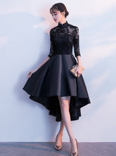 Black Satin and Lace High Neckline Cute Party Dresses