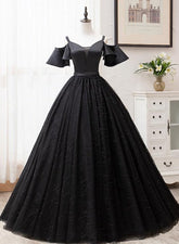 Black Satin and Tulle Ball Gown Off Shoulder Evening Dress Party Gown