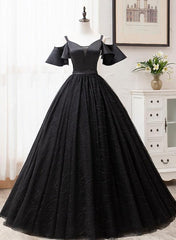 Black Satin and Tulle Ball Gown Off Shoulder Evening Dress Party Gown