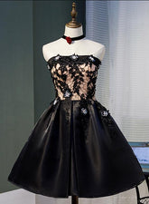 Black Satin with Lace Knee Length Prom Dress Homecoming Dress