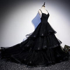 Black Tulle Layers Straps Beaded Long Evening Dress