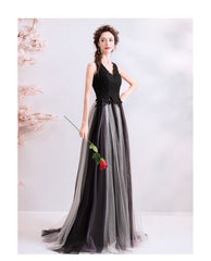 Black V-neckline Lace and Tulle Gradient Long Evening Dress Party Dress