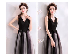 Black V-neckline Lace and Tulle Gradient Long Evening Dress Party Dress
