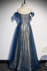 Blue Beaded Off Shoulder Sweetheart Shiny Tulle Party Dress