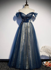 Blue Beaded Off Shoulder Sweetheart Shiny Tulle Party Dress