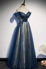 Blue Beaded Off Shoulder Sweetheart Shiny Tulle Party Dress