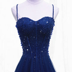 Blue Beaded Straps A-line Tulle New Prom Dress Party Dress