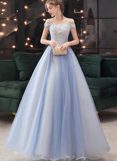 Blue Off Shoulder Long Party Dress with Lace Applique