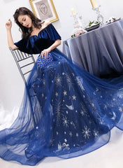 Blue Tulle Long Beaded Party Dress