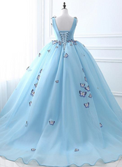 Blue Tulle Long Party Dress with butterfly
