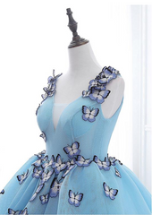 Blue Tulle Long Party Dress with butterfly