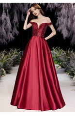 Burgundy Beaded Satin Long Off Shoulder Prom Dress
