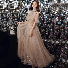 Champagne Tulle Haler Beaded Shiny Long Party Dress