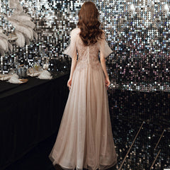 Champagne Tulle Haler Beaded Shiny Long Party Dress