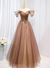 Champagne Off Shoulder Beaded A-line Tulle Long Party Dress