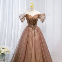 Champagne Off Shoulder Beaded A-line Tulle Long Party Dress
