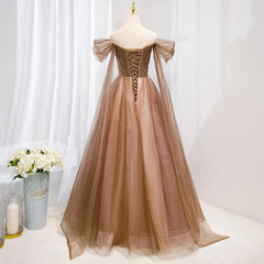 Champagne Off Shoulder Beaded A-line Tulle Long Party Dress