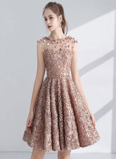 Champagne Round Neckline Lace Short Party Dresses