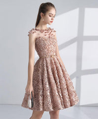 Vestidos de fiesta cortos de encaje con escote redondo color champán