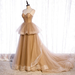 Champagne Tulle Sweetheart Straps Long Ball Gown Prom Dresses