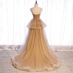 Champagne Tulle Sweetheart Straps Long Ball Gown Prom Dresses