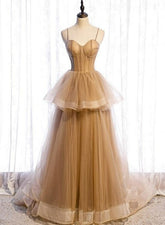 Champagne Tulle Sweetheart Straps Long Ball Gown Prom Dresses