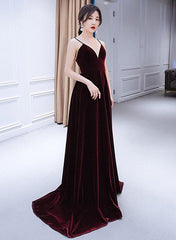 Charming Burgundy Velvet Deep V-neckline Floor Length Party Dress