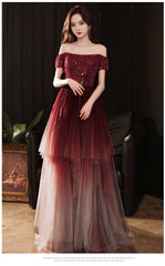 Charming Dark Red Gradient Tulle Beaded Formal Dress Party Dress