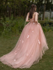 Vestido de noche largo con corte A y flores de tul rosa encantador