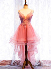 Chic V-neckline Lace Applique Tulle High Low Straps Homecoming Dress