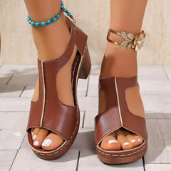 Chunky Heeled Gold Gladiator Sandals Thick High Heels T-Strap Shoes Plus Size De Mujer