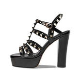 Chunky heel rivets sandals round head super high heel buckle T- strap open-toed Platform genuine leather sandals catwalk shoes