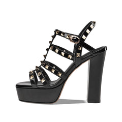 Chunky heel rivets sandals round head super high heel buckle T- strap open-toed Platform genuine leather sandals catwalk shoes