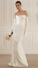 Elegant White Strapless Maxi Dress with Draped Long Sleeves