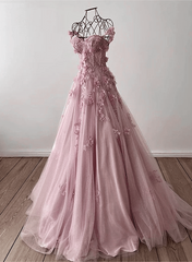 Light Pink Off Shoulder Tulle Floral Party Dress