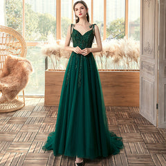 Dark Green Lace Applique and Beaded V-neckline Party Dress