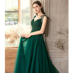 Dark Green Lace Applique and Beaded V-neckline Party Dress