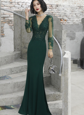 Dark Green Mermaid Spandex Long Evening Dress with Lace