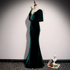 Vestido formal de fiesta de terciopelo verde oscuro con escote en V y corte sirena