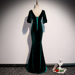 Vestido formal de fiesta de terciopelo verde oscuro con escote en V y corte sirena