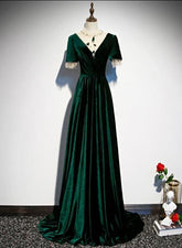 Vestidos de dama de honor de corte A con mangas cortas de terciopelo verde oscuro