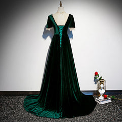 Vestidos de dama de honor de corte A con mangas cortas de terciopelo verde oscuro