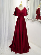 Dark Red Satin A-line Floor Length Evening Dress